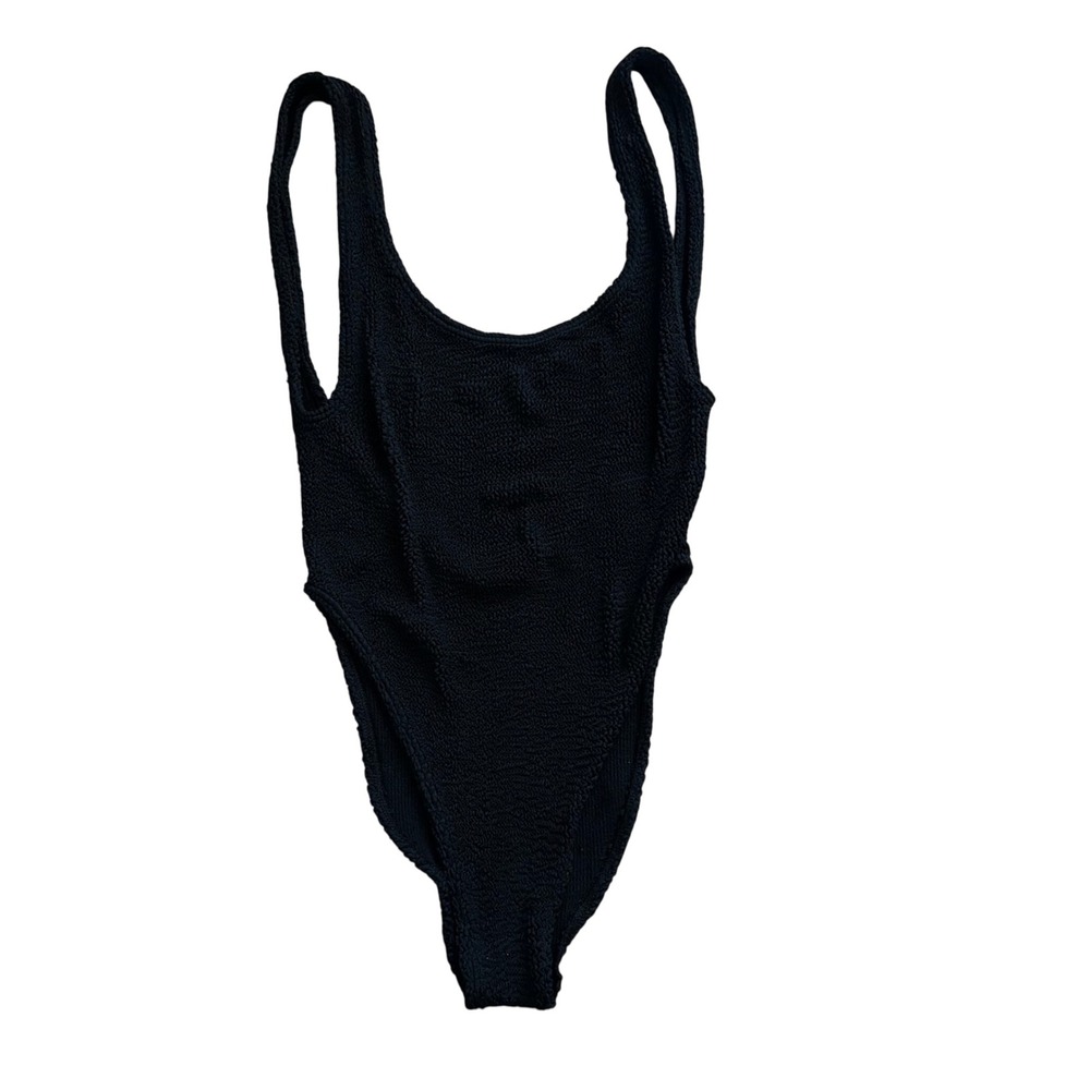 Isabel Martin London Black Crinkle One Piece Swimsuit High Leg Low Back One Size